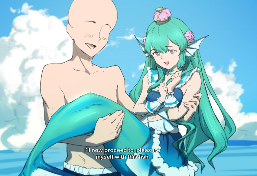 1boy 1girls 2021 absurd_res bald bare_shoulders blue_clothing breasts carrying clothed clothing cloud code_geass crown english_text eyebrows_visible_through_hair faceless_male female finana_ryugu fish_girl flower green_eyes green_hair hair_between_eyes hair_flower hair_ornament head_fins highres holding_person i'll_now_proceed_to_pleasure_myself_with_this_fish imminent_sex jewelry light-skinned_female light-skinned_male long_hair male matching_hair/eyes meme mermaid mini_crown monster_girl navel navel_cutout nijisanji nijisanji_en ocean open_mouth outdoors parody pink_flower princess_carry skirt sky small_breasts smile subtitled swim_trunks swimwear teeth text tongue topless vii7ths virtual_youtuber water wristband