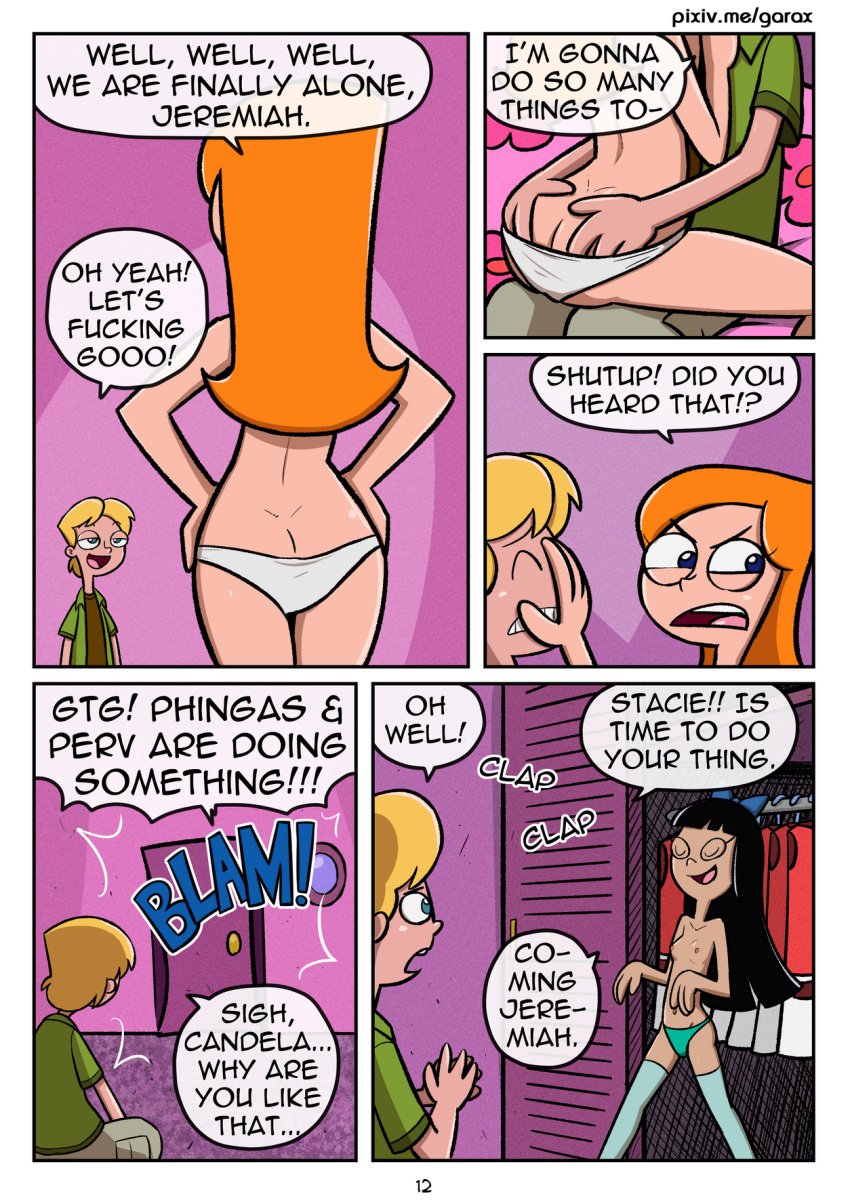 2girls candace_flynn comic disney english_text female garabatoz jeremy_johnson multiple_girls page_12 phineas_and_ferb speech_bubble stacy_hirano tagme text thighhighs