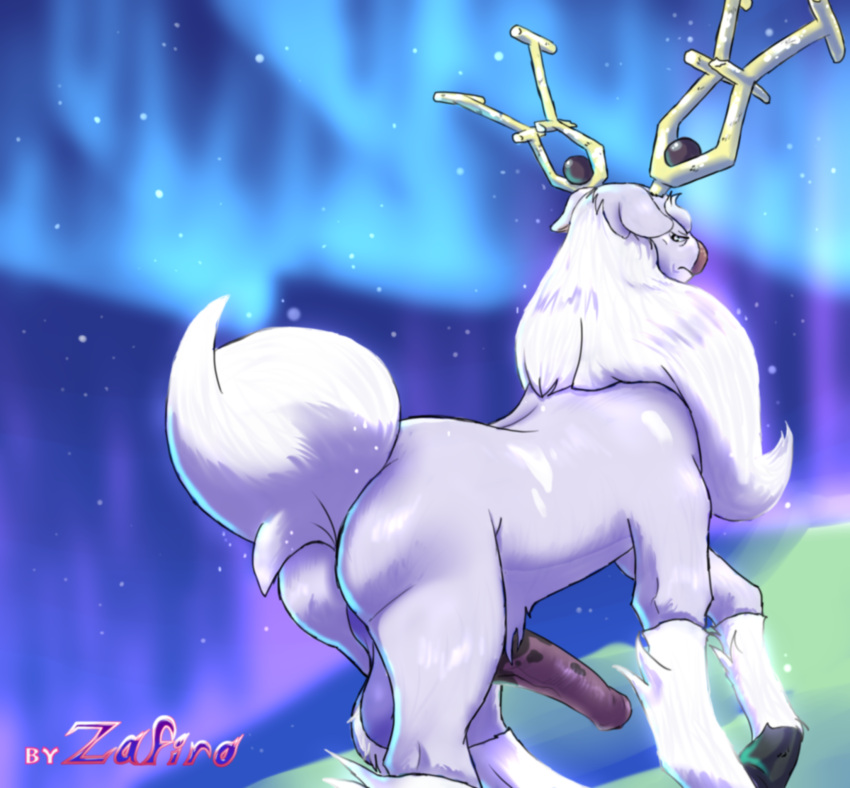 animal_genitalia animal_penis antlers ass aurora_borealis backsack balls beard cervid cervine equine_penis facial_hair feral fur genitals half-erect hi_res hooves horn looking_back male mammal mature_male nintendo nude penis perineum pokémon_(species) pokemon pokemon_legends:_arceus presenting presenting_hindquarters pubes sky solo spots spotted_genitalia spotted_penis star starry_sky video_games walking white_body white_fur wyrdeer zafiro_rosso_(artist)