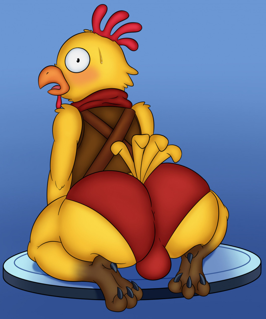 anthro ass avian big_ass big_butt blue_background blush bulge chicken clothing fortnite fortnite:_battle_royale kiffy_(artist) kiffyy looking_back male male_only presenting presenting_hindquarters solo sweat tender_defender thick_thighs underwear video_games