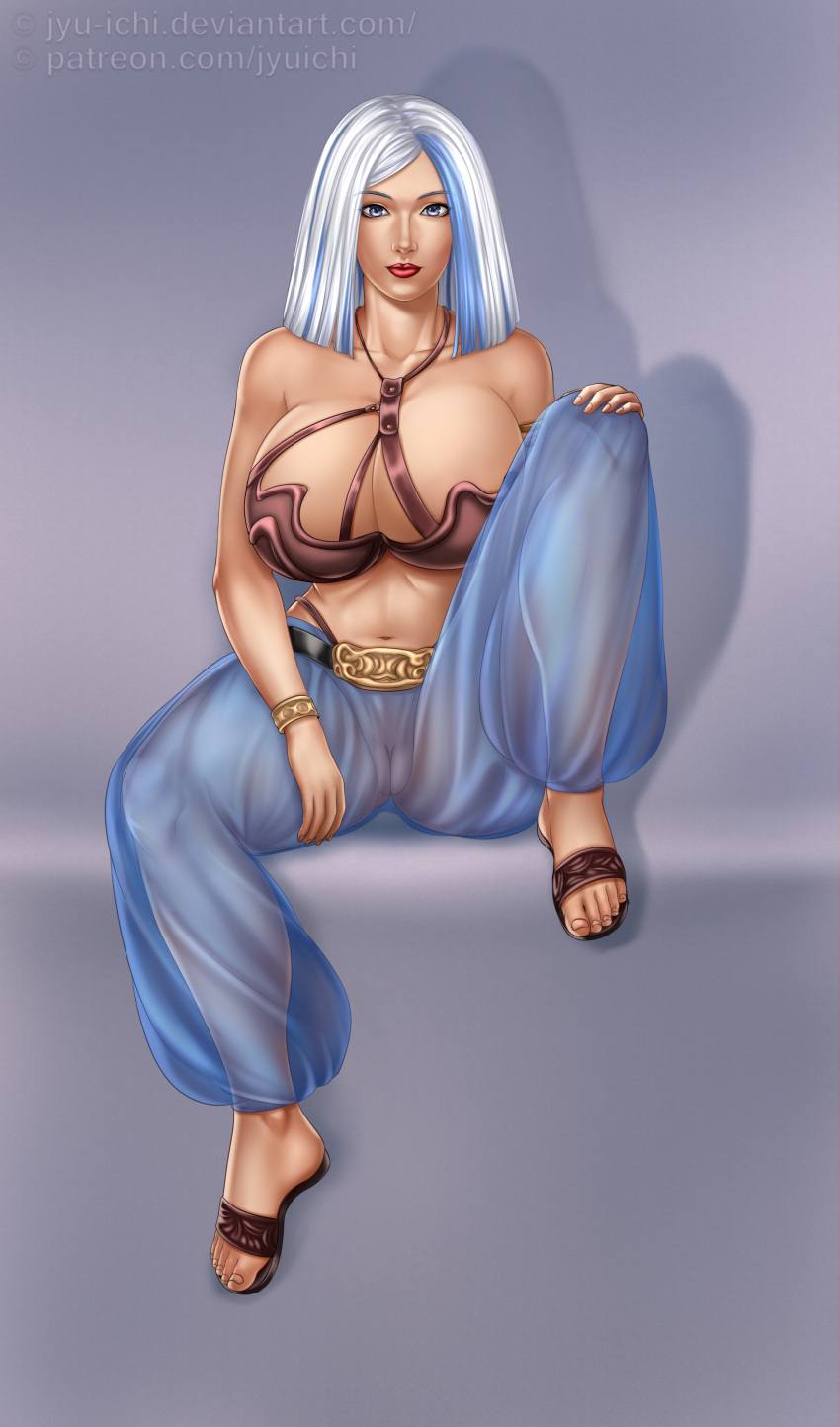 1girls belly_dancer belly_dancer_outfit blue_eyes blue_hair bracelet cleavage dancer dancer_outfit female female_only harem_girl harem_outfit harem_pants huge_breasts jess_(star_wars) jyuichi looking_at_viewer medium_hair multicolored_hair pussy pussy_visible_through_clothes sandals shaved_pussy slave slave_bikini slave_outfit slavegirl solo star_wars white_hair