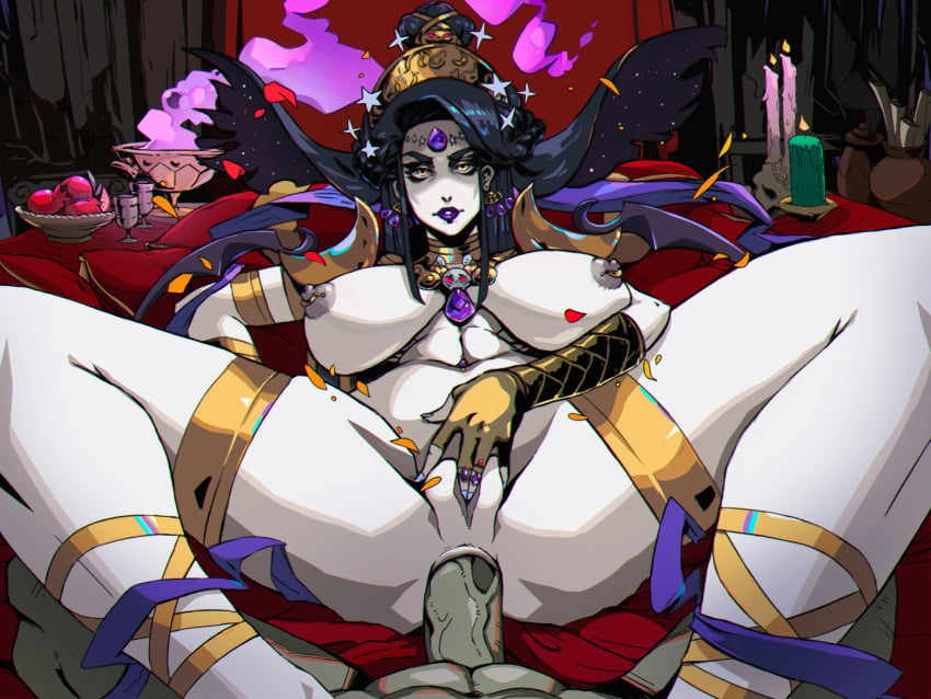 abs anal anal_sex armband big_breasts black_hair bowl_of_fruit breasts breasts_apart candle crescent crown earrings eye_contact eyeshadow female fingering fingerless_gloves gem glove goblet goddess gold gold_jewelry greek_mythology hades_(game) hair_bun hair_ornament headdress jewelry large_areolae large_breasts large_penis laying_on_back laying_on_bed legwear long_hair looking_at_viewer makeup male mascara masturbation mature_female miclogar muscular_male naughty_face navel_piercing nipple_piercing nude nude_female nyx_(hades) pale-skinned_female partial_male penetration petals pillow pomegranate pov puffy_nipples straight yellow_eyes