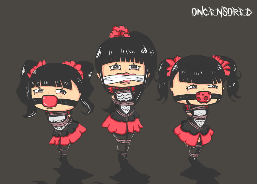 3girls baby_metal babymetal ball_gag black_hair bondage chibi female_only multiple_girls oncensored original rope_bondage