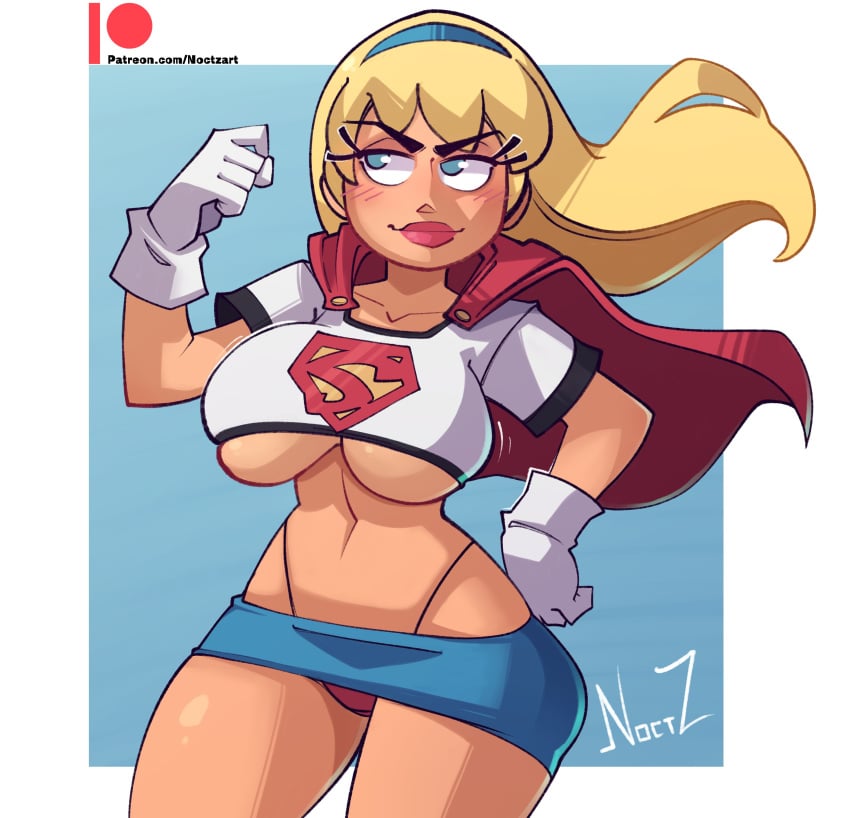 1girls blonde_hair blue_eyes blush crop_top dc dc_comics dcau flexing large_breasts linda_danvers miniskirt navel noctz short_skirt supergirl superheroine superman:_the_animated_series superman_(series) thick_thighs thong underboob wide_hips