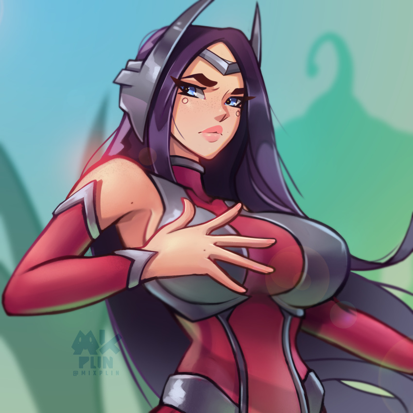 1girls bare_shoulders big_breasts black_hair blue_eyes breasts clothed female female_only fully_clothed human irelia_xan league_of_legends light-skinned_female light_skin mixplin pale_skin solo standing zac