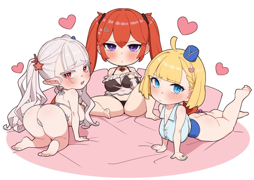 3girls all_fours ass bangs barefoot bikini blonde_hair blush breasts chibi closed_mouth draculina_(last_origin) draculina_(micro_bikini)_(last_origin) frills garrison_cap grey_hair hair_ornament hairclip hat heart heart_hair_ornament highres huge_breasts last_origin long_hair looking_at_viewer lying may_of_doom may_of_doom_(see-through_blouse)_(last_origin) miman_(hasutaro_stream) multiple_girls oerba_yun_fang official_alternate_costume on_back p/a-00_griffon_(idol_costume)_(last_origin) p/a-00_griffon_(last_origin) parted_lips plump pointy_ears purple_eyes red_eyes red_hair shirt short_hair simple_background sleeveless sleeveless_shirt star_(symbol) star_hair_ornament swimsuit take_your_pick thick_thighs thighs twintails very_long_hair white_background