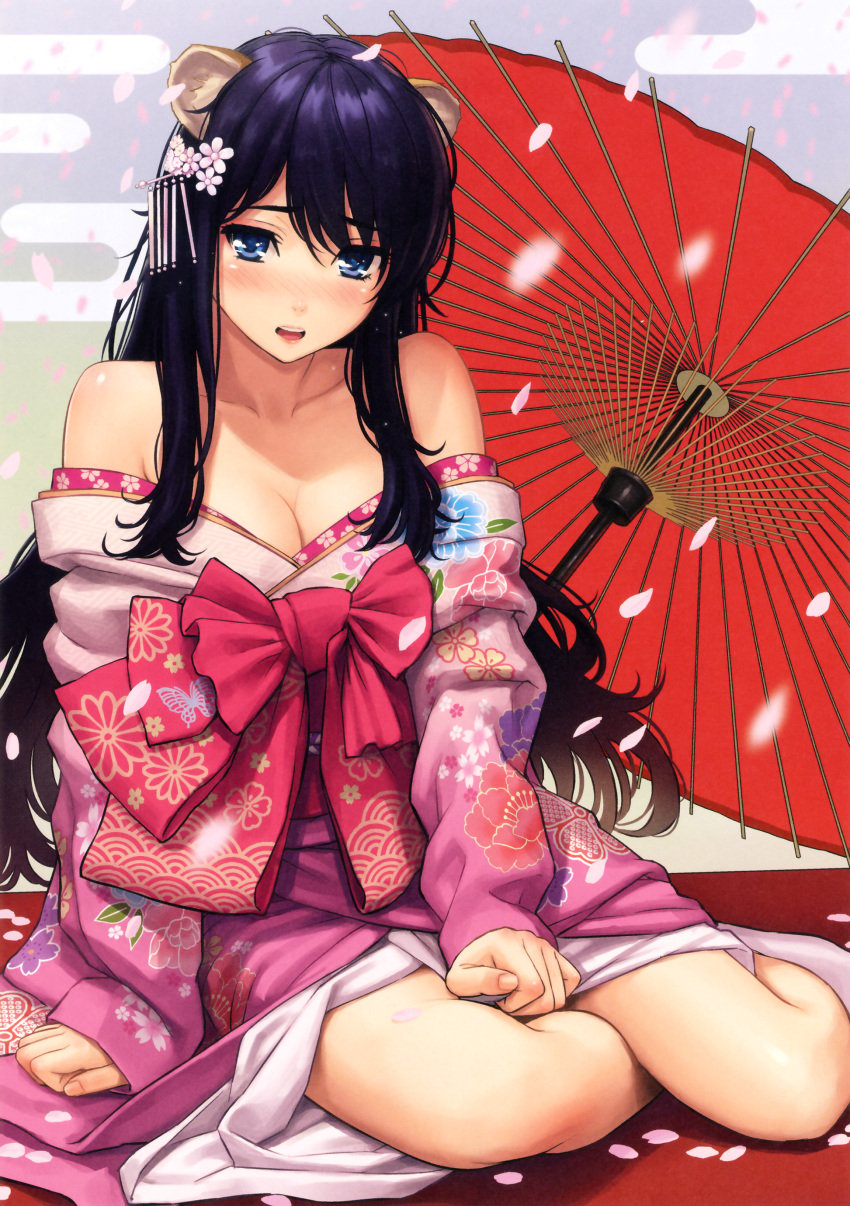 :d animal_ears bangs bare_shoulders bent_knees black_hair blue_eyes blush breasts clavicle cleavage egasumi female fingernails floral_print hair_ornament high_resolution homunculus_(artist) kimono large_filesize long_sleeves looking_at_viewer medium_breasts no_bra open-mouth_smile open_mouth oriental_umbrella original parted_lips petals sitting sleeves_past_wrists smile solo tagme umbrella undercover_brothers undressing very_high_resolution wafuku yokozuwari