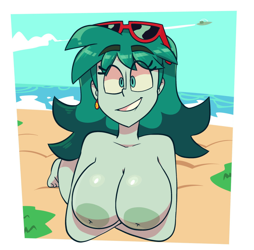 beach big_breasts breasts completely_nude completely_nude_female female green_body green_hair nipples nude planetina rick_and_morty solo sunglasses sunglasses_on_head sweet_dandy