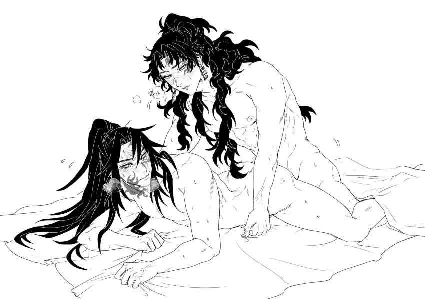 2boys anal blush brothers demon_slayer facial_markings from_behind gay incest kimetsu_no_yaiba line_art long_hair looking_back male male_only michikatsu_tsugikuni monochrome muscular nude ponytail sex sheet_grab siblings sweat twins visible_breath yaoi yoriichi_tsugikuni