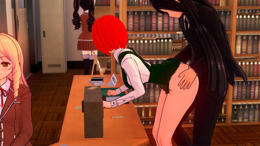 1boy 1boy1girl 3d 3girls black_hair blonde_hair bookshelf classroom danganronpa danganronpa_3 female hand_on_ass hotel izuru_kamukura koikatsu koizumi_mahiru library looking_at_another male multiple_girls on_bench penetration pussy red_hair school_uniform schoolgirl sex skirt_lift smooth_skin suit tie vaginal_penetration very_long_hair