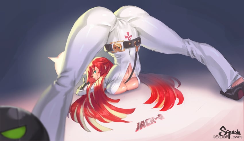 1girls arc_system_works ass ass_up big_ass bodysuit breast_press breasts face_down_ass_up female female_only flexible green_eyes guilty_gear guilty_gear_strive jack-o'_valentine jack-o_pose jackochallenge large_breasts long_hair looking_at_viewer looking_back looking_over_shoulder red_hair skin_tight smile solo splits spread_legs squishlewds top-down_bottom-up under_cleavage underboob undercleavage white_bodysuit white_clothing