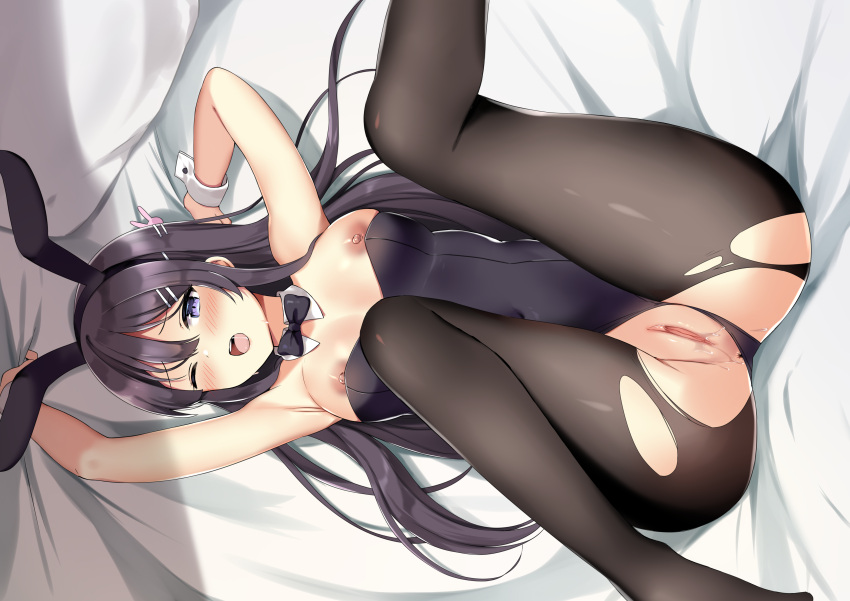 1girls animal_ears blush breasts bunny_ears bunnygirl hair headband kaetzchen nipple_slip nipples purple_eyes purple_hair pussy sakurajima_mai seishun_buta_yarou_wa_bunny_girl_senpai_no_yume_wo_minai torn_clothes uncensored wink