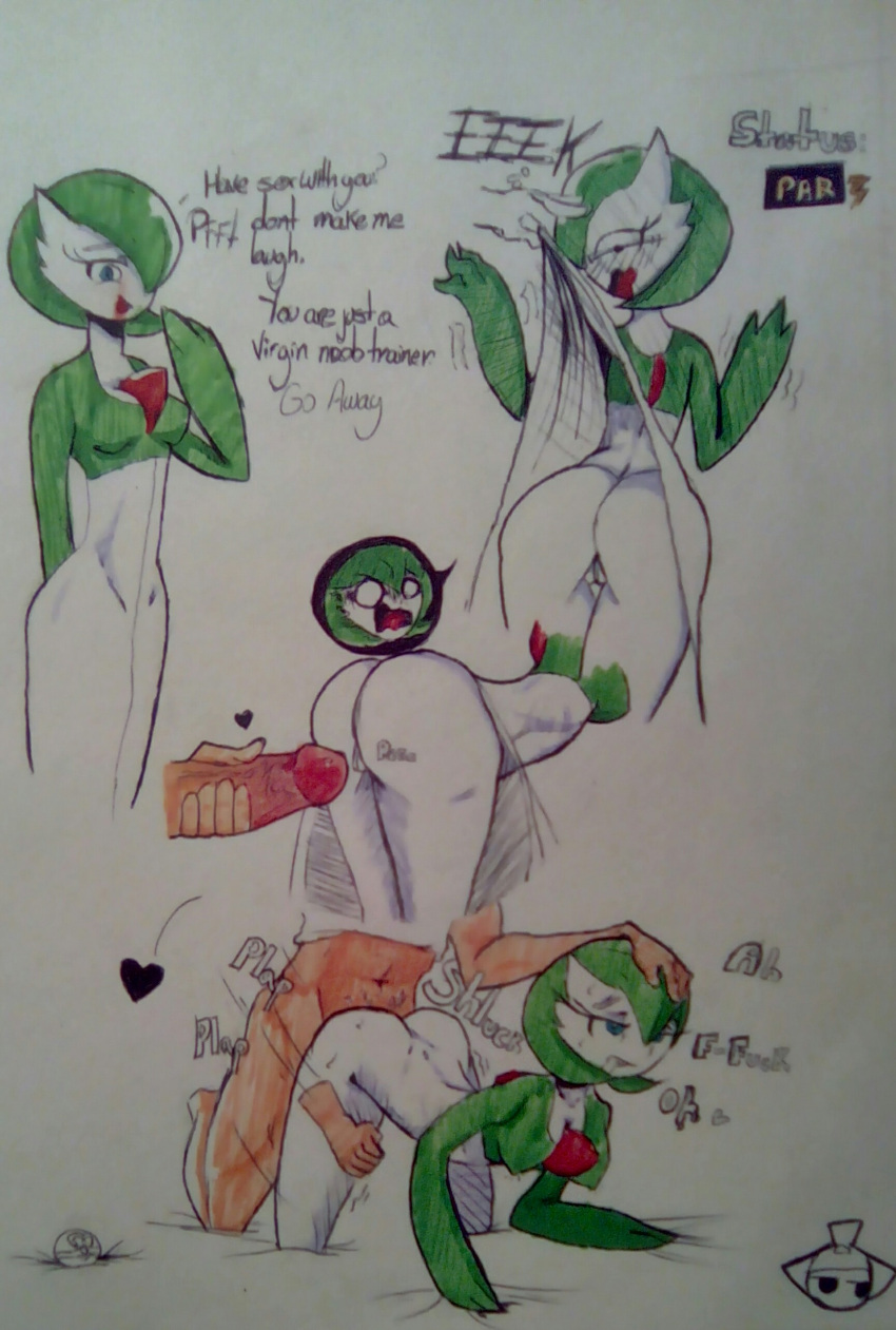 big_ass big_penis clovernuts english_text gardevoir green_hair instant_loss_2koma male male/female male_penetrating pokémon_(species) pokemon pokemon_(species) speech_bubble text thick_thighs traditional_media_(artwork)