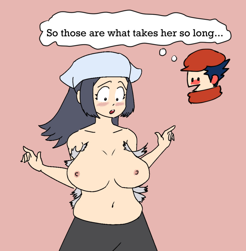 1boy 1girls akari_(pokemon) blue_hair blush breasts female otk-sage pokemon pokemon_legends:_arceus rei_(pokemon) surprised topless