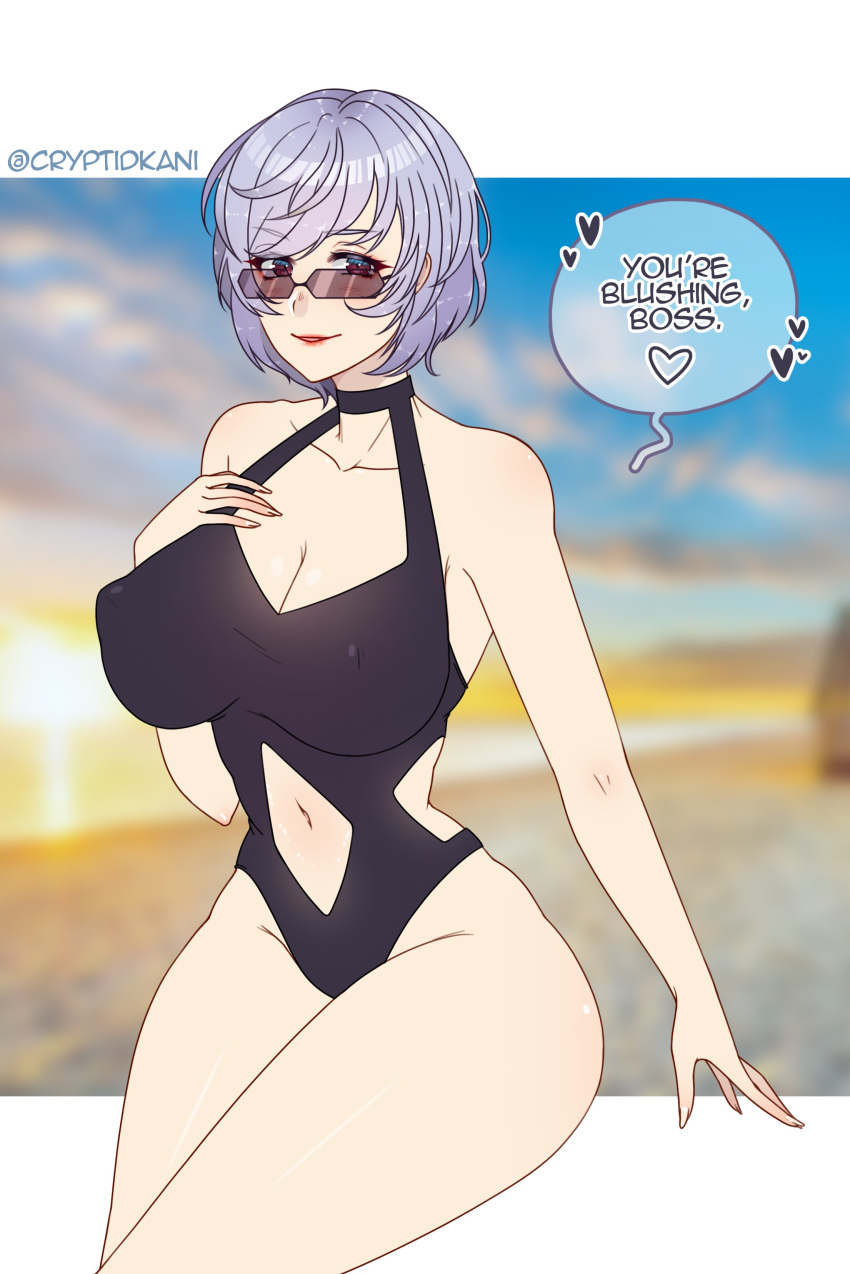 1girls bare_legs black_swimsuit blue_eyes cleavage covered_nipples cryptid_crab english_text girls'_frontline glasses large_breasts looking_over_eyewear looking_over_glasses looking_over_sunglasses nipple_bulge one-piece_swimsuit purple_hair short_hair smile solo sunglasses swimsuit text thick_thighs thompson_(girls'_frontline) tinted_eyewear