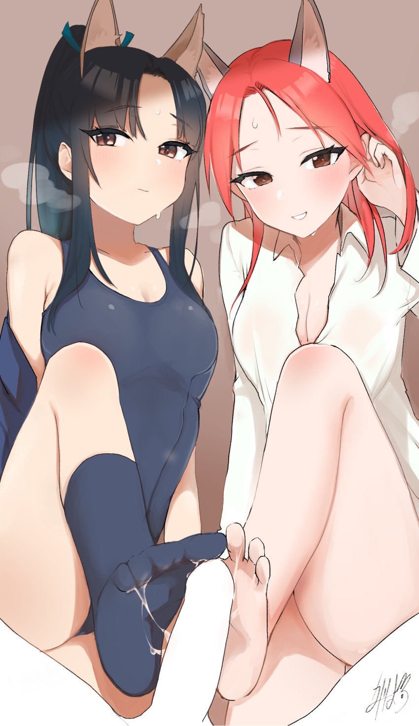 animal_ears censored clothing cum cum_on_feet dress_shirt feet footjob hattori_shizuka inumimi minna-dietlinde_wilcke no_bra one-piece_swimsuit penis small_breasts strike_witches swimsuits tagme threesome toes