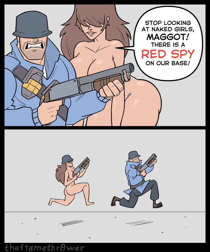 1boy 1girls 2021 2koma artist_name ass bandolier beard big_ass boots breasts brown_hair casual casual_nudity cleavage clenched_teeth clothed clothed_male_nude_female clothing comic covering covering_breasts don't_look_at_her_(meme) english_text explosives facial_hair feet female firearm funny grenade gun hair_over_eyes hat hat_over_eyes headwear helmet highres holding_gun holding_weapon human humor jumping large_breasts leaning_forward long_hair male meme nude pale_skin running seductive serious shotgun smile soldier soldier_(team_fortress_2) speech_bubble stubble team_fortress_2 teeth text thef1amethr0wer thick_thighs thighs watermark weapon