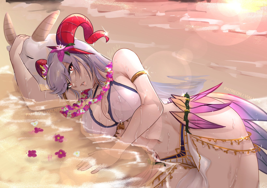 1girls alternate_costume armlet artist_name bangs bare_midriff bare_thighs beach bikini breasts cleavage collarbone commentary curled_horns english_commentary eyebrows_visible_through_hair fire_emblem fire_emblem_heroes flower flower_necklace freyja_(fire_emblem) freyja_(summer)_(fire_emblem) goat goat_horns grey_hair hair_between_eyes hair_flower hair_ornament highres horns hourglass_figure in_water inflatable_toy jewelry large_breasts lips long_hair looking_at_viewer lying multicolored_hair navel necklace nintendo ocean official_alternate_costume outdoors parted_lips partially_submerged patreon_username pelvic_curtain pink_flower pink_lips plushie purple_flower red_eyes red_horns sand seaside signature solo stuffed_animal stuffed_toy sunlight swimsuit teeth thighs thorns very_long_hair vialnite water wet wet_hair white_bikini white_flower white_swimsuit wide_hips