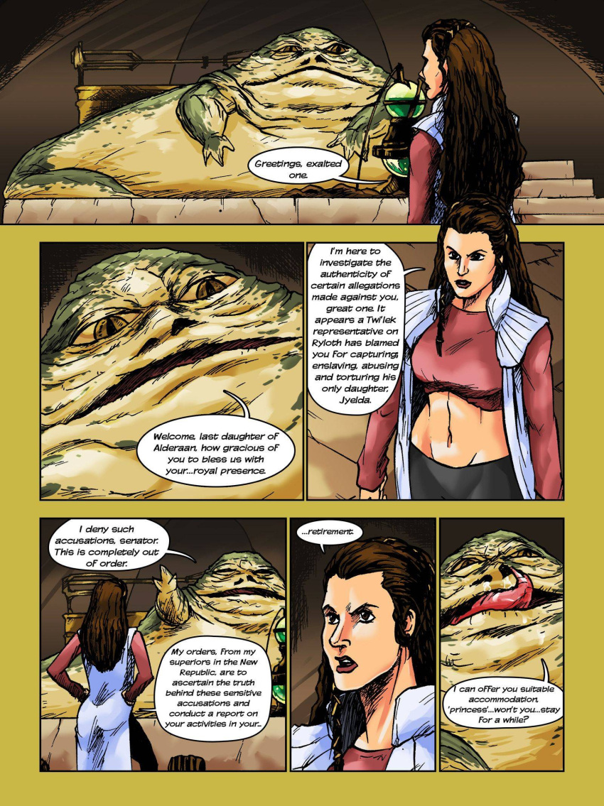 1girls comic hutt jabba_the_hutt midriff princess_leia_organa speech_bubble star_wars vest wadevezecha