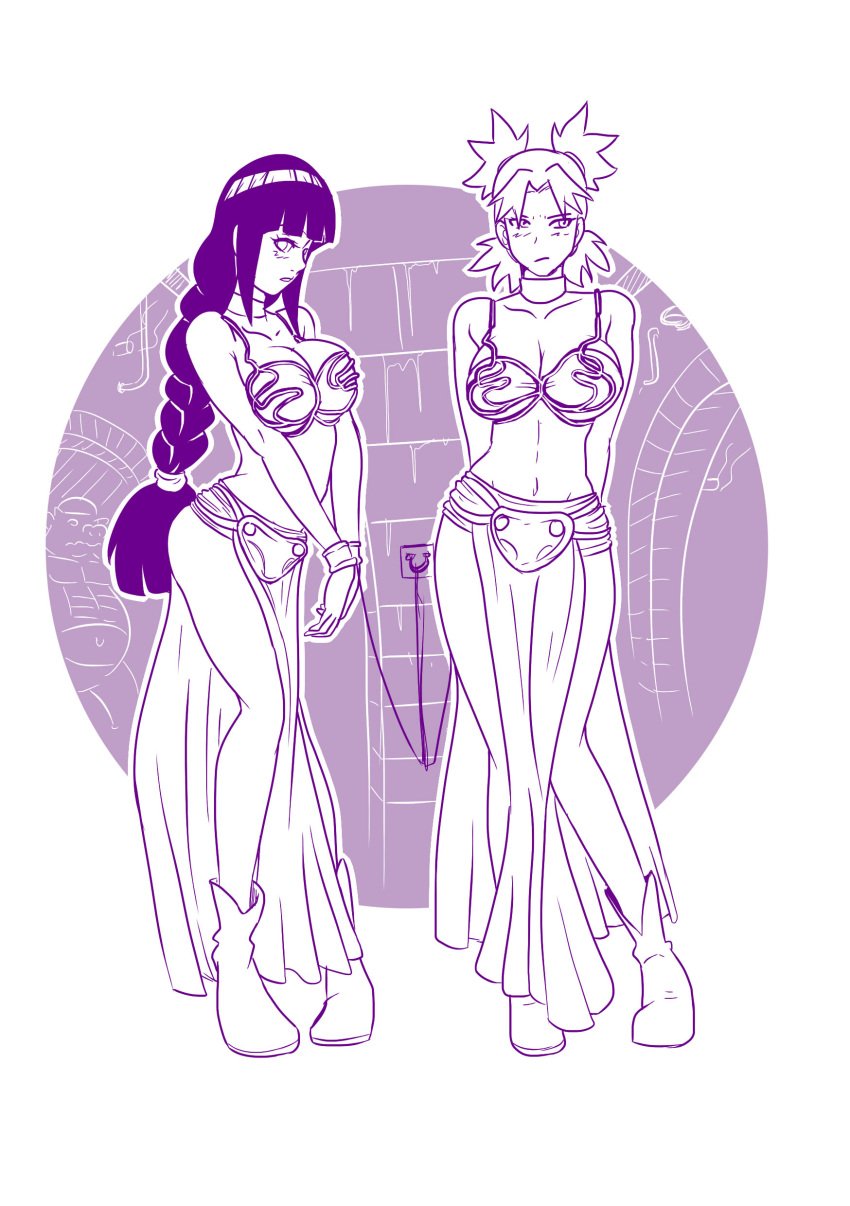 2girls arms_behind_back belly_dancer belly_dancer_outfit bondage boots bracelet cleavage colorless dancer dancer_outfit harem_girl harem_outfit huge_breasts hyuuga_hinata leash long_hair mattwilson83 monochrome naruto purple_theme slave slave_bikini slave_collar slave_leia_(cosplay) slave_outfit slavegirl star_wars temari twintails voluptuous wrist_cuffs