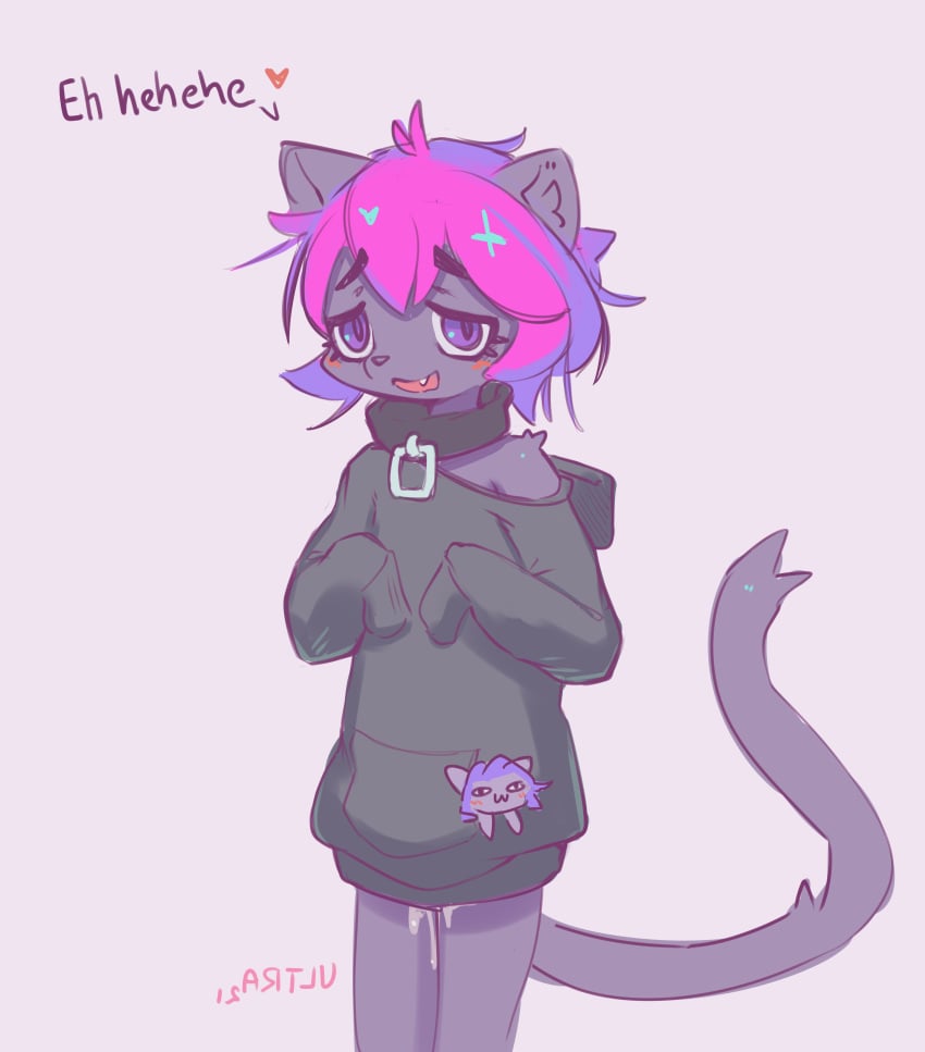 absurd_res ambiguous_fluids anthro black_clothing black_hoodie black_topwear blush clothing collar cute_fangs dialogue domestic_cat english_text felid feline felis female fur grey_body grey_fur hair heart hi_res hoodie looking_at_viewer mammal messy_hair open_mouth purple_eyes purple_hair short_hair simple_background smile solo text topwear ultra_(ultrabondagefairy) ultrabondagefairy white_background