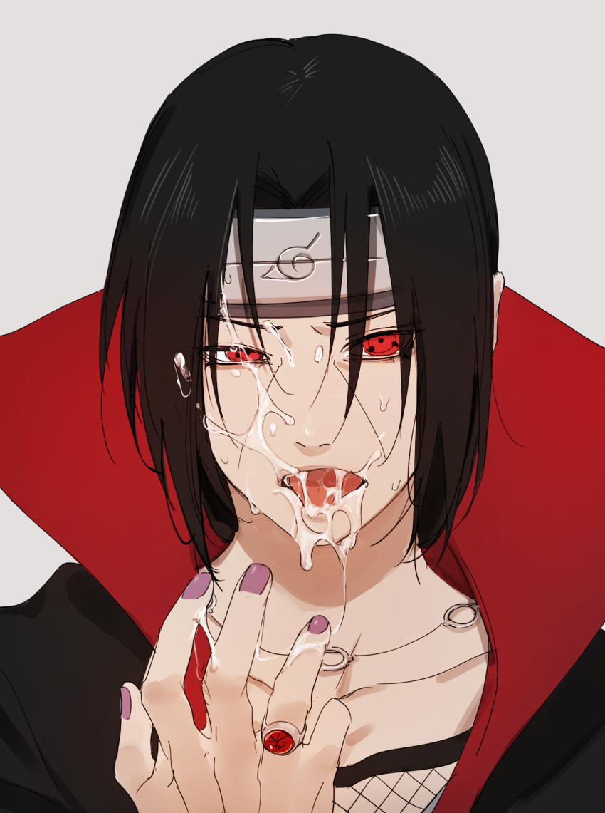 1boy akatsuki black_hair cum cum_on_face ejaculation ejaculation_on_hand male male_focus male_only nail_polish naruto naruto_(series) naruto_shippuden open_mouth pale-skinned_male pale_skin ring sharingan solo solo_male uchiha_itachi