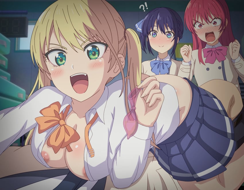 areola cum eufoniuz hoshizaki_rika kanojo_mo_kanojo looking_at_viewer minase_nagisa mukai_naoya nipple_slip no_bra nopan open_shirt saki_saki_(kanojo_mo_kanojo) seifuku