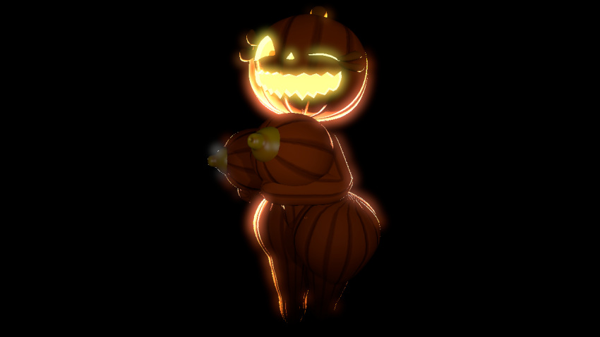 3d 3d_(artwork) female five_nights_at_freddy's food front_view fruit glowing glowing_eyes jack_o_pumpkin_(fnaf) one_eye_closed plant plant_humanoid pumpkin pumpkin_head sfm solo wink zombuttsfm