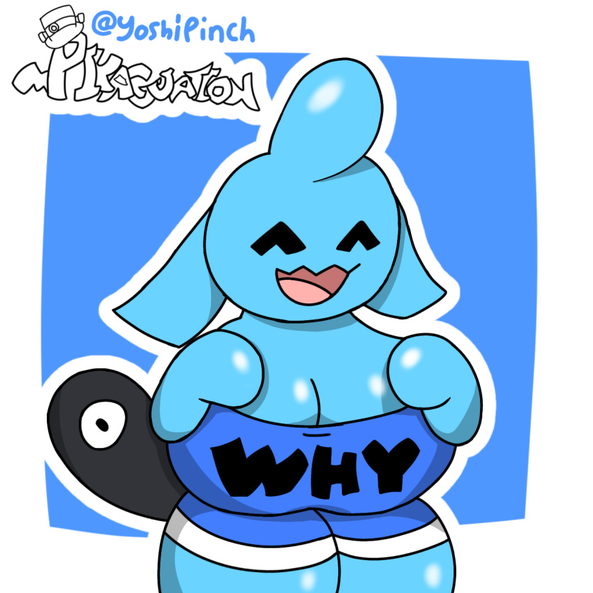 2021 anthro big_breasts big_thighs breasts clothed clothing happy nintendo pikaguation pokémon_(species) pokemon pokemon_rgby poorly_drawn poorly_tagged simple_background text_on_clothing thick_thighs why wynaut yoshipinch_(artist)