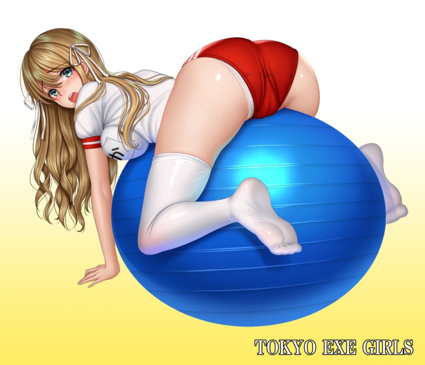 all_fours aqua_eyes arched_back ass ball blonde_hair blush breasts buruma cameltoe copyright_name exercise_ball feet female female gradient gradient_background gym_uniform hair_ornament hair_ribbon kiyosumi_shirabaki large_breasts lingerie long_hair looking_at_viewer no_shoes official_art open_mouth panties_under_buruma pantsu panty_peek pixiv puffy_short_sleeves puffy_sleeves re:shimashima red_buruma ribbon ringlets shiny shiny_skin short_sleeves solo sports_festival sportswear tagme text_on_clothes thighhighs tokyo_exe_girls underwear uniform white_legwear yellow_background