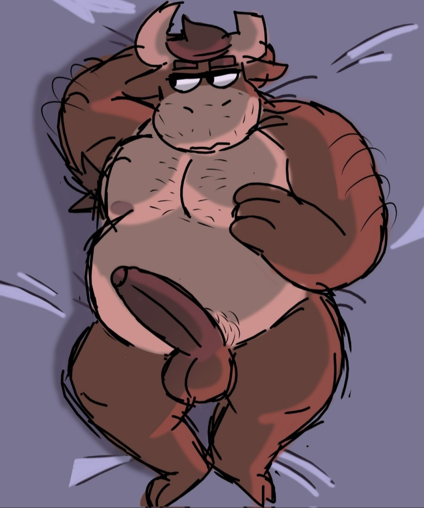 1boy 2_horns anthro balls ballsack bed beefy big_penis bovine brown_body brown_fur bull cartoony erection foreskin fur furry gray_background horns humanoid_penis hyenamilkshake_(artist) intact male male_nipples male_only male_pubic_hair nude_male original original_character partially_retracted_foreskin penis scrotum smooth_penis solo testicles uncut