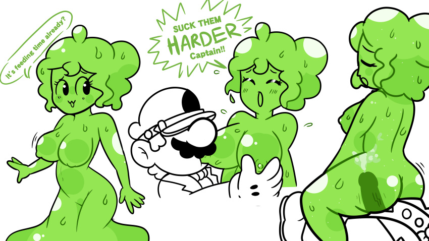 12th_(m_a_y_o) ass breast_grab breast_sucking breasts cumming funnyhoohooman green_hair green_skin green_slime lil_miss mario mario_(series) original_character penetration slime_girl