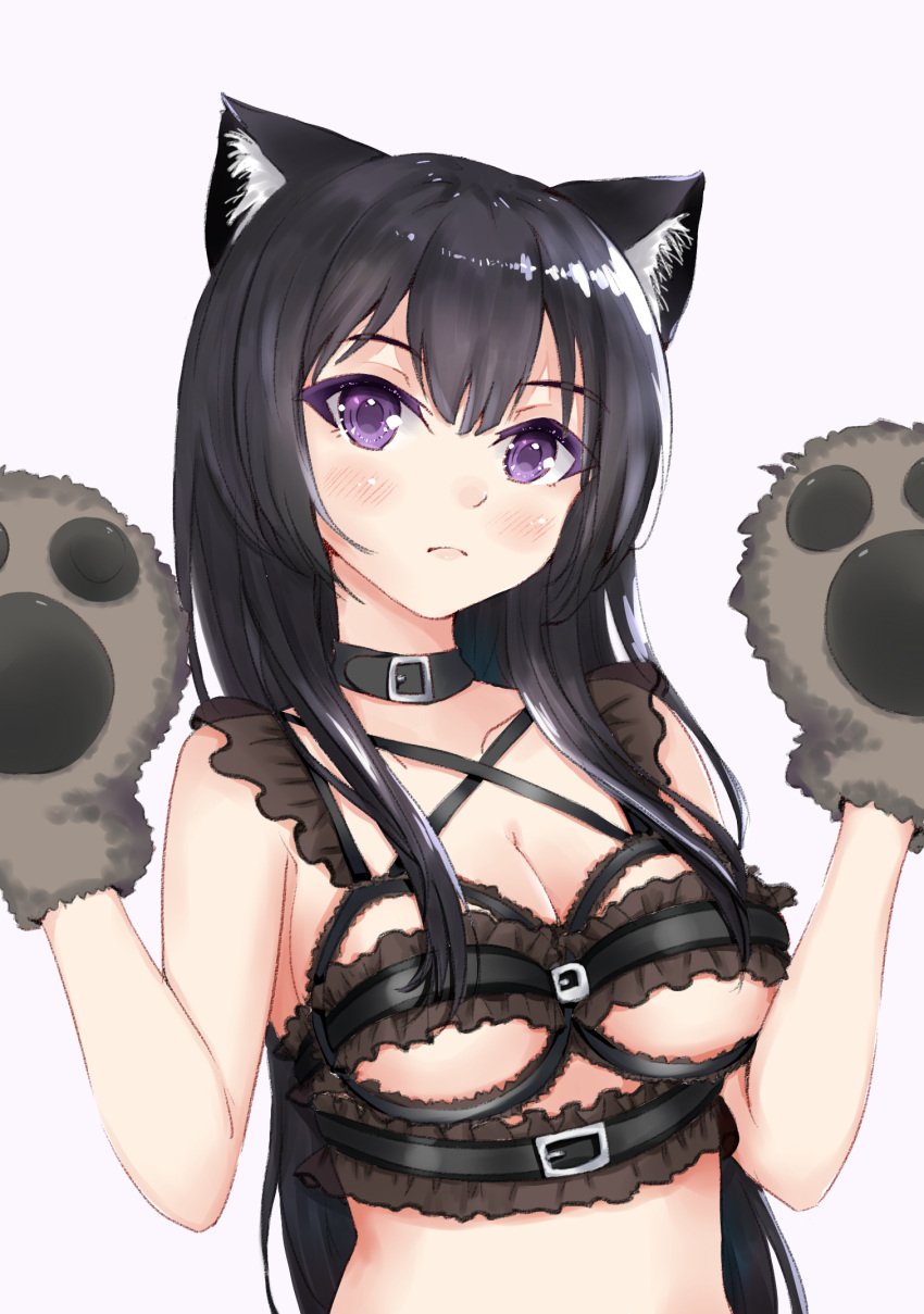 animal_ears black_bra black_hair black_underwear blush bra breasts clavicle cleavage collar female female gloves hair_between_eyes head_tilt hibike!_euphonium high_resolution kousaka_reina lingerie long_hair looking_at_viewer mahou_shounen medium_breasts nekomimi paw_gloves paws purple_eyes race_limitation_(lingerie) simple_background solo tagme underboob underwear upper_body very_long_hair white_background