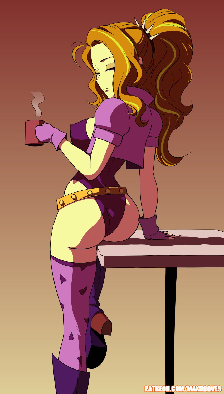 1girls adagio_dazzle ass big_ass big_breasts coffee coffee_mug equestria_girls erect_nipples erect_nipples_under_clothes female fingerless_gloves friendship_is_magic gloves hasbro heel_boots hi_res highres hips human human_only looking_at_viewer looking_back my_little_pony nipple_bulge no_bra panties ponytail purple_panties rambon7 sitting_on_table solo solo_female thick_thighs thighhighs thighs unamused underwear