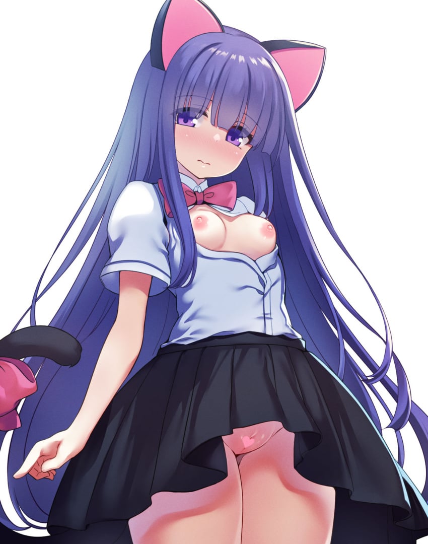 07th_expansion animal_ears breasts censored furude_rika higurashi_no_naku_koro_ni hime_cut nekomimi nipples no_bra nopan open_shirt pussy skirt_lift tail yako