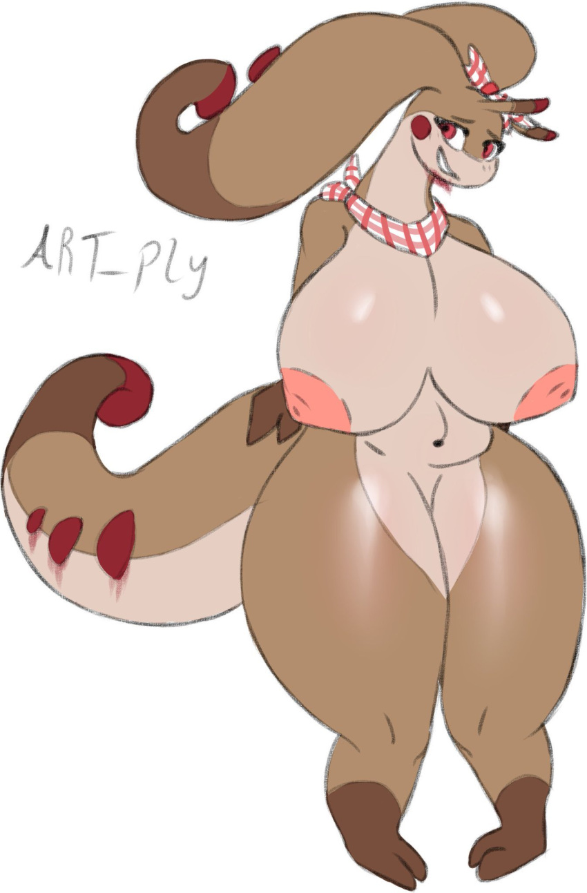 anthro artply bandana belly big_breasts breasts crossed_arms female goodra hi_res huge_breasts kerchief looking_aside nintendo nipples pokémon_(species) pokemon pokemon_(species) red_eyes smile solo video_games wide_hips