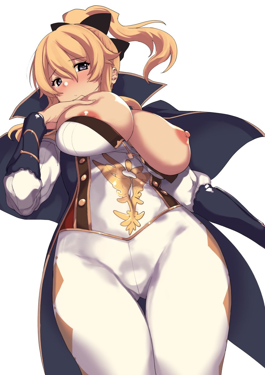 absurdres areola_slip areolae bad_id bangs blonde_hair blue_capelet breasts capelet corset eyebrows_visible_through_hair female from_below genshin_impact grey_eyes hair_between_eyes hair_ribbon hand_on_own_chest high_ponytail highres jean_gunnhildr large_breasts multicolored_capelet nipples one_breast_out pants ponytail ribbon saruanu strapless tight tight_pants white_background white_pants