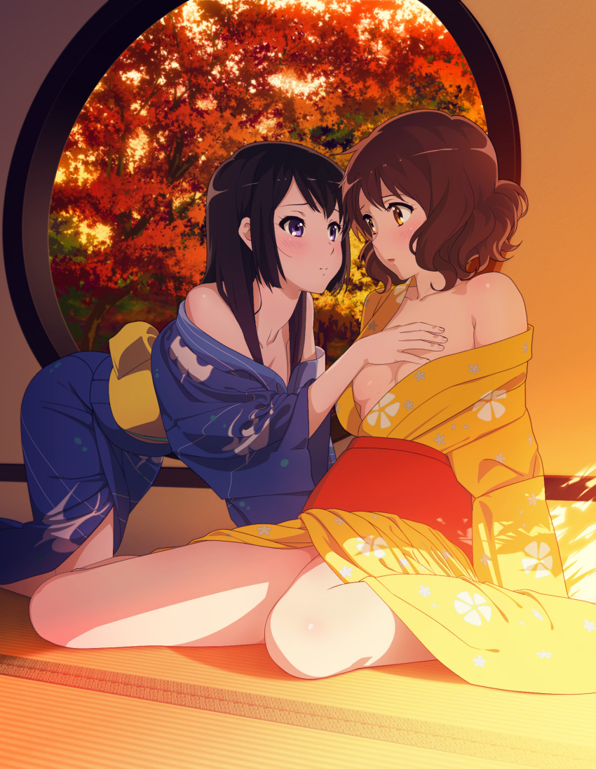 2girls autumn black_hair breast_hold breasts brown_eyes brown_hair cleavage duo female hibike!_euphonium high_resolution kimono kousaka_reina long_hair looking_at_another medium_breasts medium_hair multiple_girls no_bra off_shoulder official_style open_clothes open_shirt oumae_kumiko pixiv_id_7105769 purple_eyes shirt short_hair sonouchi_(bigsummersky) tatami undressing wafuku yukata yuri