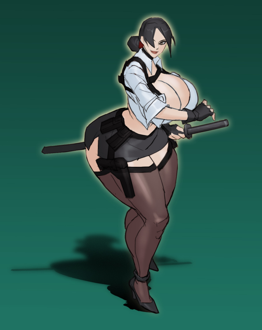 69_(artist) ass big_ass big_breasts breasts child_bearing_hips cleavage katana large_breasts mature_female milf thick_thighs thighhighs voluptuous wide_hips