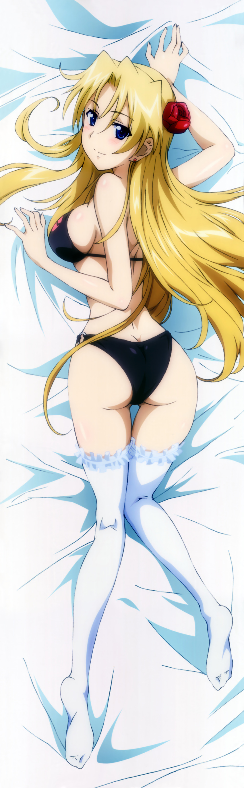 1girls ass big_breasts bikini black_bikini blonde_hair blue_eyes blush breasts bubble_butt campione! dakimakura dat_ass erica_blandelli female female_only hair_ribbons large_breasts long_hair looking_back lying official_art rose_in_hair seductive seductive_smile sideboob smile socks solo white_socks