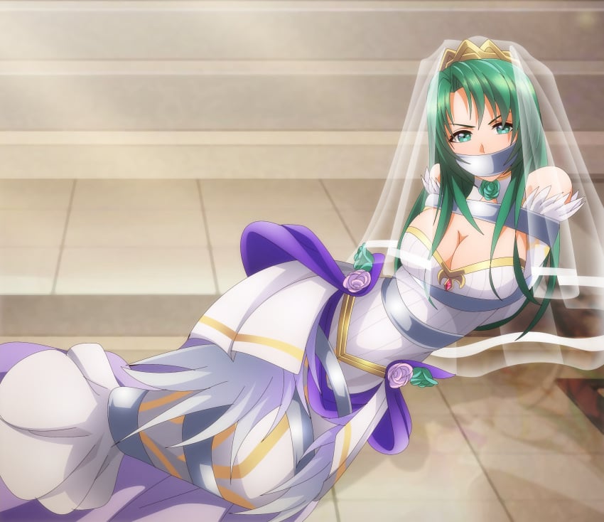 1girls absurdres alternate_costume bondage bound breasts bridal_veil bride cecilia_(bridal)_(fire_emblem) cecilia_(fire_emblem) cleavage crown dress female female_only femsub fire_emblem fire_emblem:_the_binding_blade fire_emblem_heroes gag gagged green_eyes green_hair highres improvised_gag large_breasts long_hair looking_at_viewer mermaid_dress narutorenegado01 nintendo official_alternate_costume purple_ribbon ribbon solo strapless strapless_dress tape tape_bondage tape_gag veil wedding_dress white_dress