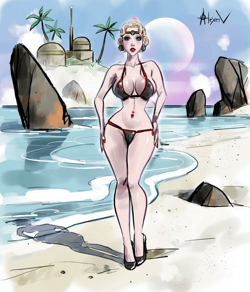 1girls alexeyv beach big_ass big_breasts big_butt bikini blue_eyes blush cleavage erect_nipples high_heels large_breasts long_legs looking_at_viewer outside platinum_blonde_hair satine_kryze seaside short_hair thin_waist wide_hips