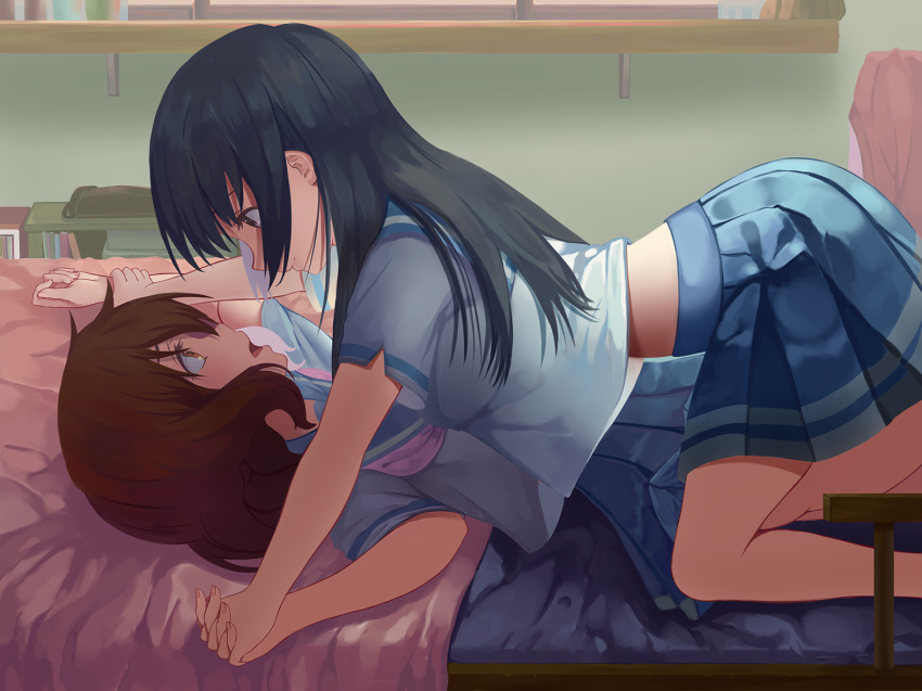 2girls aicky ass_up blush female female_only hibike!_euphonium holding_hands kousaka_reina laying_on_bed long_hair looking_at_another on_knees open_mouth oumae_kumiko purple_eyes purple_hair school_uniform skirt yuri