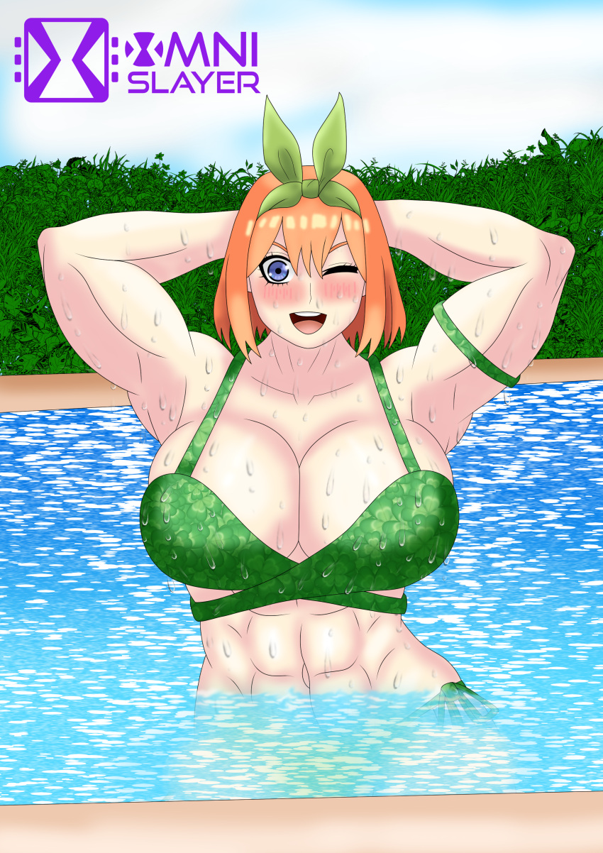 1girls abs biceps big_biceps big_breasts bikini blue_eyes bursting_breasts cleavage cleavage_overflow confident curvaceous curvy curvy_figure female female_only flex flexing flexing_arms flexing_both_biceps flexing_muscles go-toubun_no_hanayome green_bikini green_ribbons hair_ornament hair_ribbon hands_behind_head huge_biceps huge_breasts large_breasts muscular_female nakano_yotsuba omnislayer1993 orange_hair pool shiny_hair showing_off solo_female swimming_pool thick tight_bikini wet wet_bikini wet_skin wide_hips wink winking winking_at_viewer