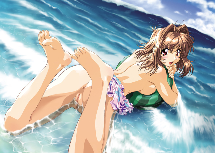 anus ass backpussy ball barefoot beach beach_ball blush breasts brown_hair feet female food from_behind fruit holding holding_fruit innertube kawai_rie lovers_(game) no_panties open_mouth pussy red_eyes skirt skirt_lift solo taki_minashika toe-point toes topless uncensored upskirt water watermelon