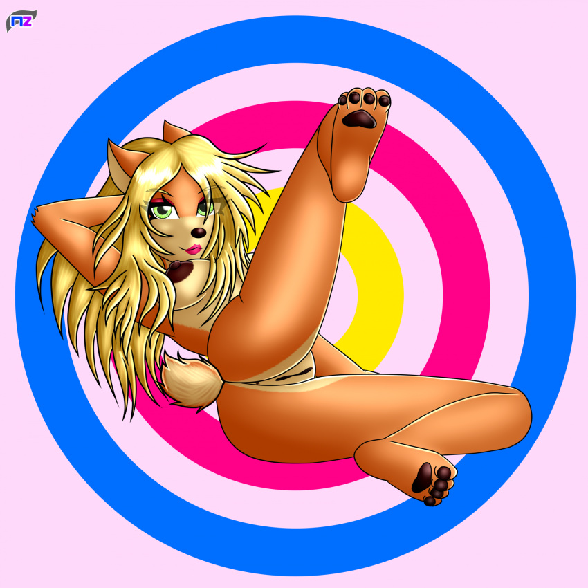 activision anthro anus armpits bandicoot big_nipples blonde_hair crash_(series) female genitals green_eyes hair hi_res lipstick long_hair makeup mammal marsupial newzorra nipples nude orange_body pawpads presenting pussy short_tail smile solo tail tawna_bandicoot