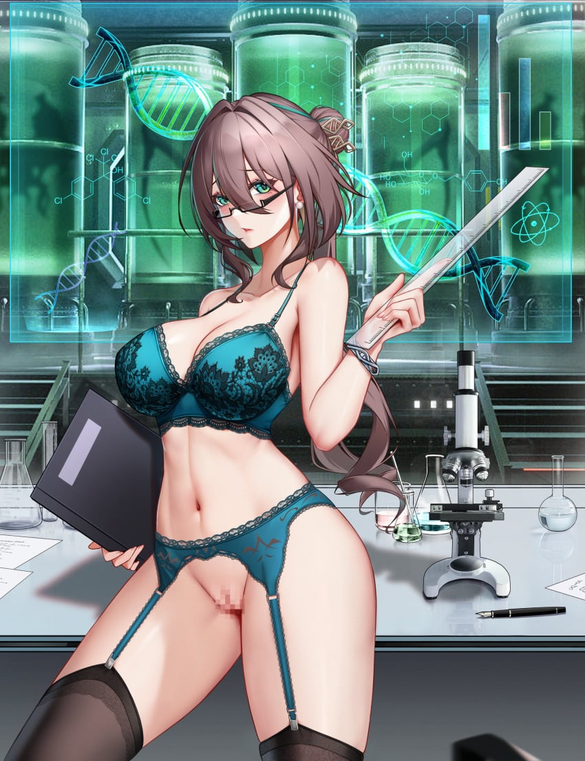 absurdres aqua_bra aqua_eyes aqua_hair bra breasts brown_hair censored commentary_request curvy dna erlenmeyer_flask female female_only flask garter_belt garter_straps glasses hair_between_eyes hair_bun hair_ornament highres holding holding_notebook holding_ruler holographic_monitor honkai:_star_rail honkai_(series) hoyoverse indoors large_breasts looking_at_viewer medium_hair microskirt mihoyo mosaic_censoring multicolored_hair nib_pen_(object) notebook pen pussy round-bottom_flask ruan_mei_(honkai:_star_rail) semi-rimless_eyewear sidelocks skirt sky_wbo standing streaked_hair table teacher two-tone_hair under-rim_eyewear underwear