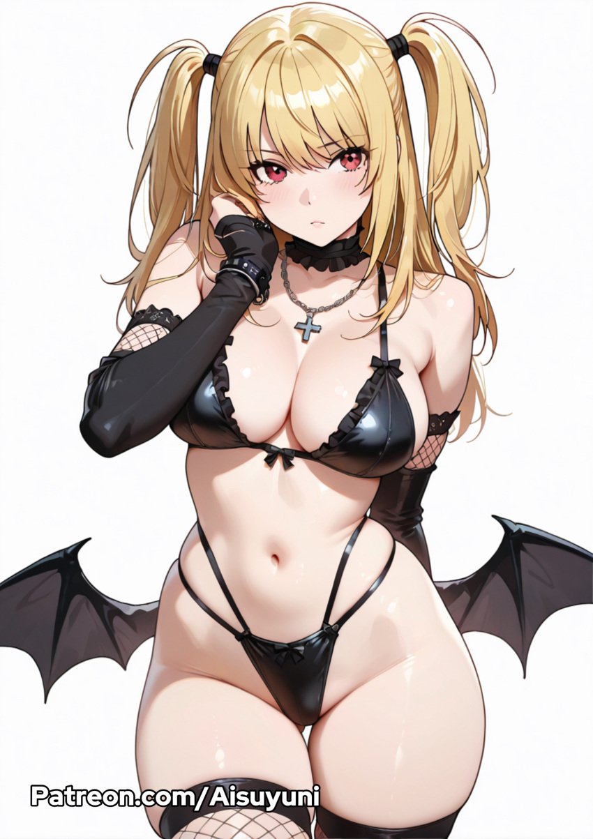 1girls ai_generated aisuyuni bangs blonde_hair breasts choker death_note female fishnets goth goth_girl long_sleeves misa_amane red_eyes simple_background thighs white_background wings