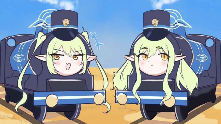 adorable adorable_face blue_archive blue_sky cursed cursed_image cute cute_face desert green_hair hair_between_eyes halo hat highlander_railroad_academy_student highlander_railway_academy hikari_(blue_archive) long_hair nozomi_(blue_archive) objectification oerba_yun_fang peaked_cap pointy_ears psycho_orb siblings side_locks sisters sky train twins twintails what what_has_science_done why yellow_eyes