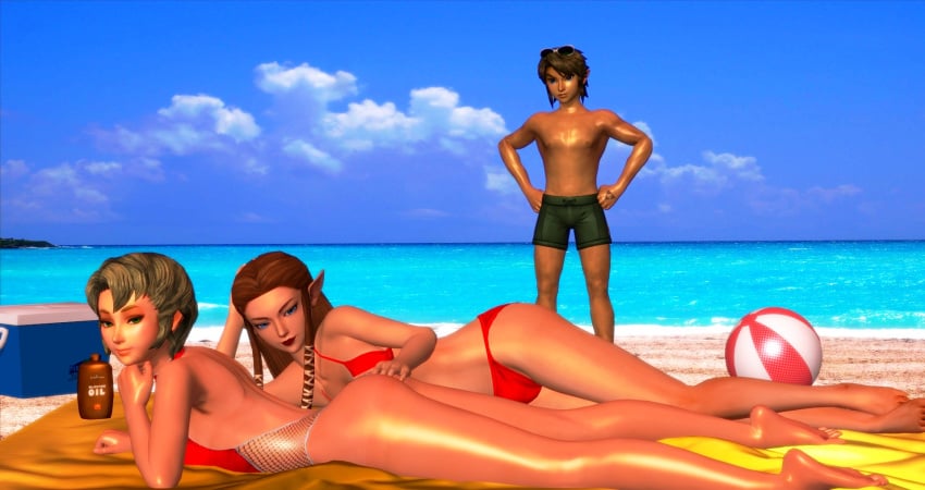 1boy 2girls 3d bikini dabnis-sinbad female ilia link male one-piece_swimsuit princess_zelda red_bikini swimsuit the_legend_of_zelda:_twilight_princess xnalara zelda_(twilight_princess)